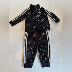 NWT adidas Baby Girl 9M Zip Black Tricot Jacket & Jogger Set  Silver Polka Dots